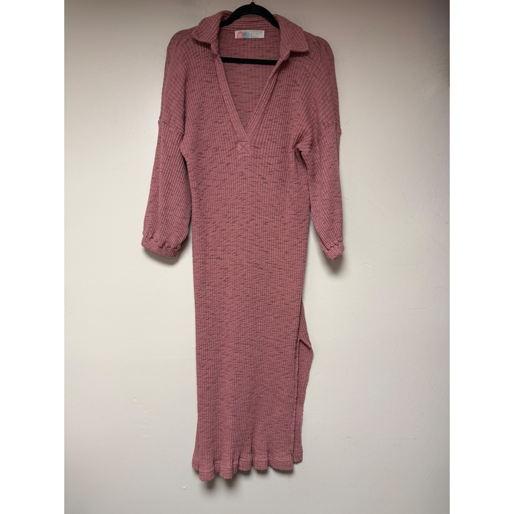 FP Beach Ribbed Knit Maxi Dress‎ Dusty Rose Collared V Neck Slit Size S